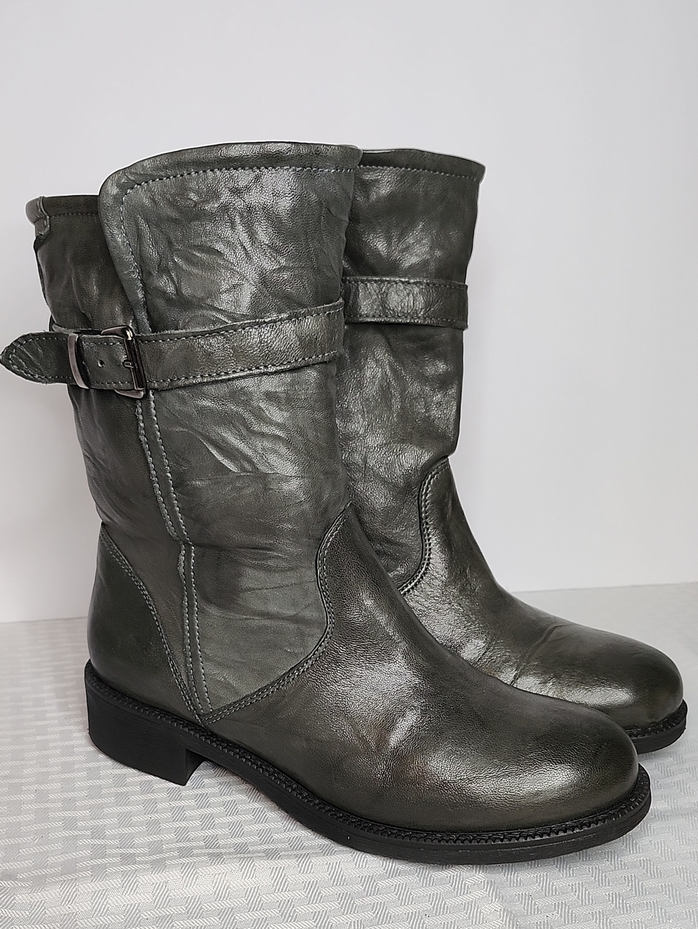 Sundance Leather Mid-Calf Buckle Boots Made in Italy Sz 9